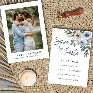 Modern Dusty Blue Photo Wedding Save The Date Card