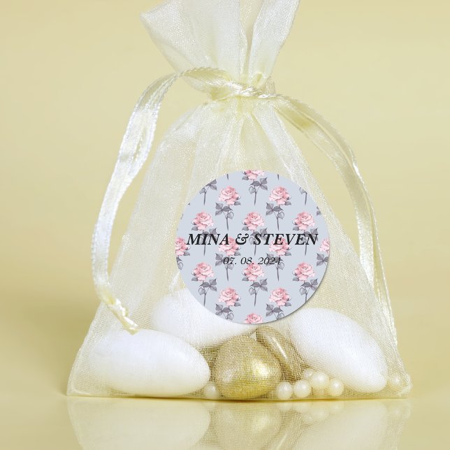 Modern Dusty Blue Pink Floral wedding  Classic Round Sticker (Creator Uploaded)