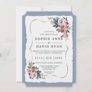 Modern Dusty Blue Pink Flowers Gold Wedding Invitation