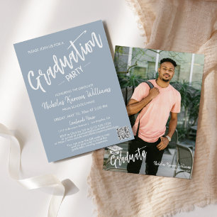 Modern Dusty Blue QR Code Photo Graduation Party Invitation