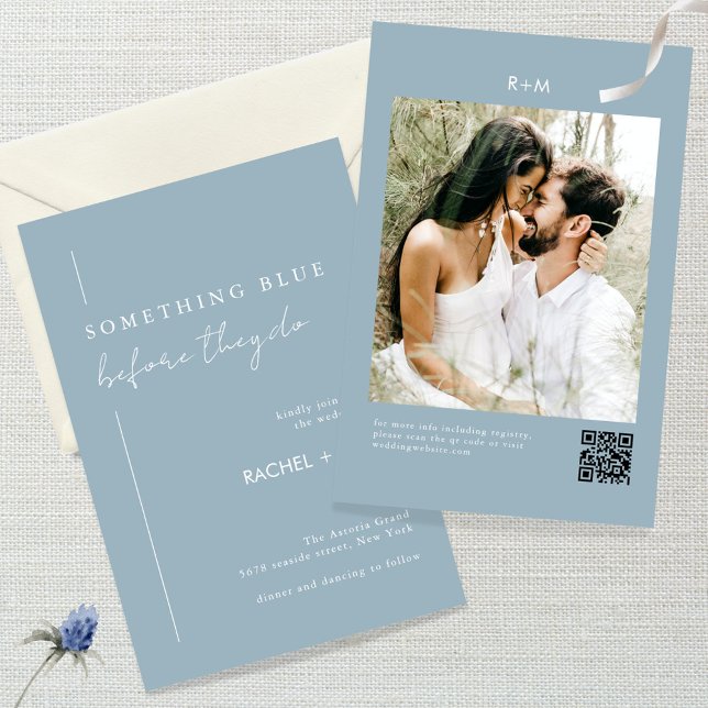 Modern Dusty Blue Qr Code Photo Wedding Invitation (Creator Uploaded)