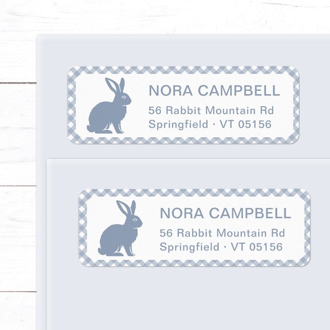 Modern Dusty Blue Rabbit Gingham Return Address (Cute, modern dusty blue bunny return address label with classic gingham plaid background.)