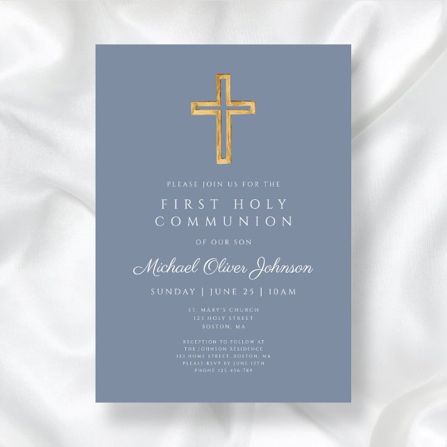 Modern Dusty Blue Religious Boy First Communion Invitation (Modern Dusty Blue Religious Boy First Communion Invitation)