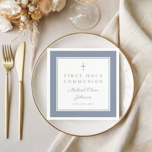 Modern Dusty Blue Religious Boy First Communion Napkin