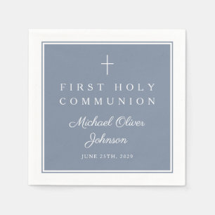 Modern Dusty Blue Religious Boy First Communion Napkin