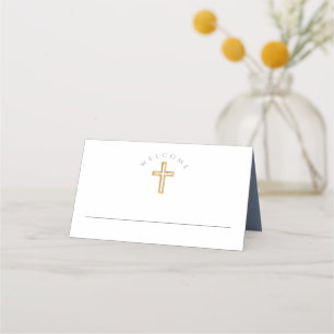 Modern Dusty Blue Religious Boy First Communion  Place Card