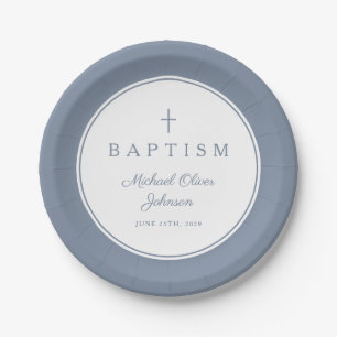 Modern Dusty Blue Religious Cross Baptism Paper Plate