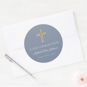 Modern Dusty Blue Religious Cross Boy Confirmation Classic Round Sticker