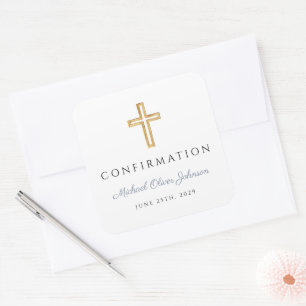Modern Dusty Blue Religious Cross Boy Confirmation Square Sticker