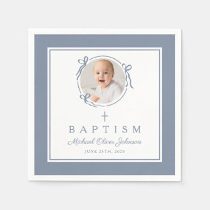 Modern Dusty Blue Religius Cross Boy Baptism Napkin