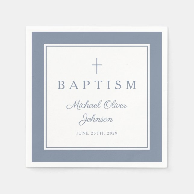 Modern Dusty Blue Religius Cross Boy Baptism Napkin (Front)