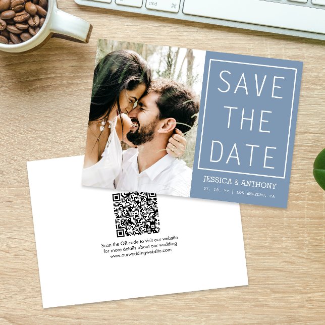 Modern Dusty Blue Save The Date Photo QR Code Invitation (The QR code makes it easy for guests to visit your website for more details about your wedding.)