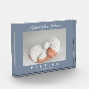 Modern Dusty Blue Script Baptism Photo Block