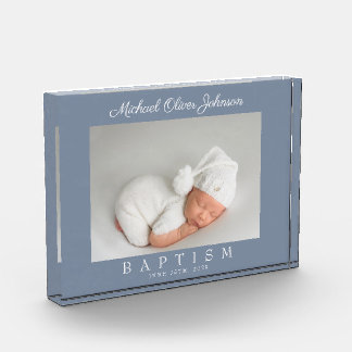Modern Dusty Blue Script Baptism Photo Block