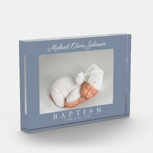 Modern Dusty Blue Script Baptism Photo Block (Left)