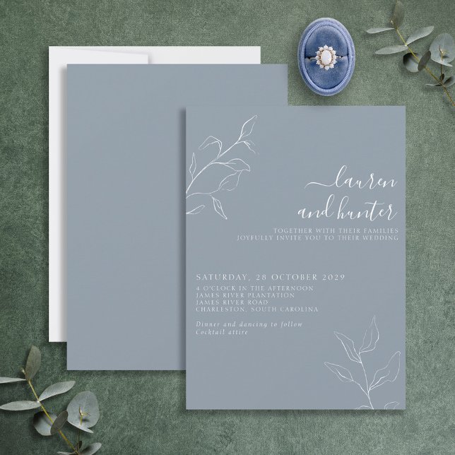 Modern Dusty Blue Script Botanical Wedding Invitat Invitation (Creator Uploaded)
