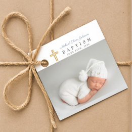 Modern Dusty Blue Script Photo Baptism Favour Tags