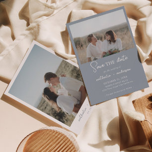 Modern Dusty Blue Script Photo Save the Date Invitation