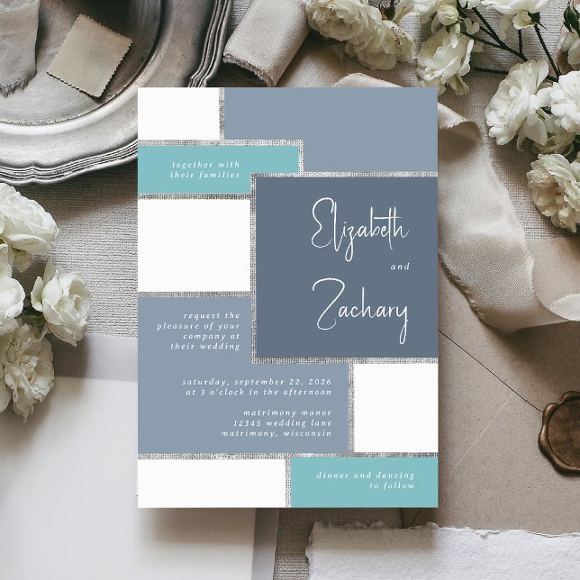Modern Dusty Blue Sea Glass Silver Wedding Invitation (A unique choice for a modern wedding with a dusty blue and silver palette.)