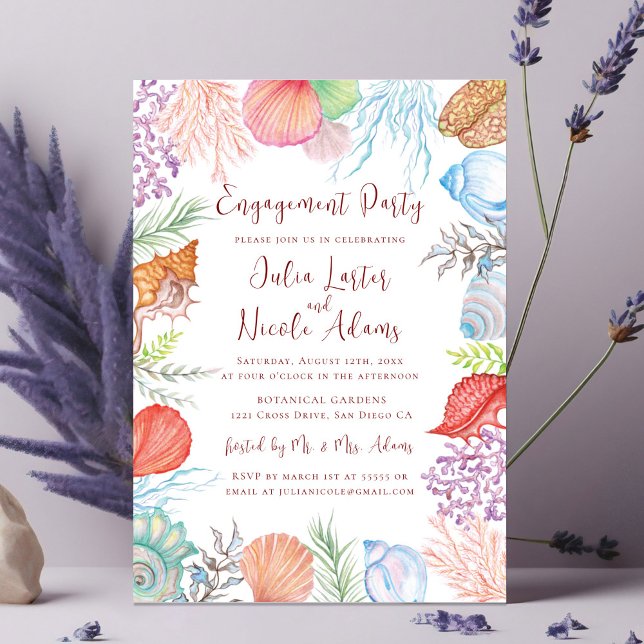 Modern Dusty Blue Sea Shell Beach Engagement Party Invitation (Creator Uploaded)