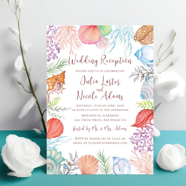 Modern Dusty Blue Seashell Beach Wedding Reception Invitation (Creator Uploaded)