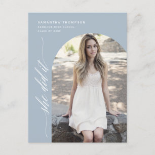 Modern Dusty Blue She Did It Graduation Arch Photo Postcard