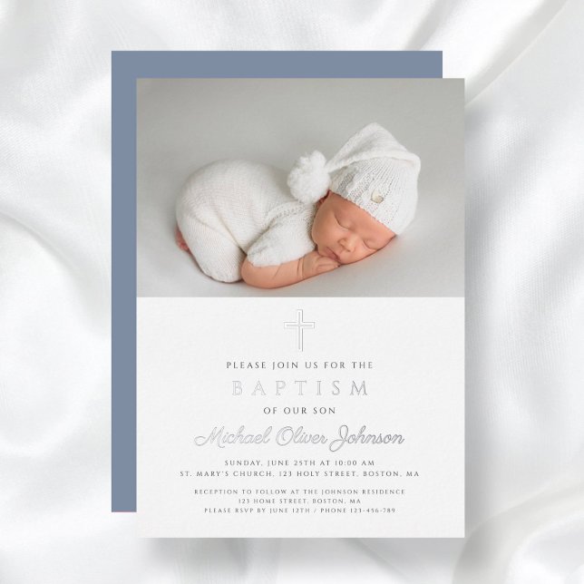Modern Dusty Blue Silver Cross Boy Photo Baptism (Modern Dusty Blue Silver Cross Boy Photo Baptism Foil Invitation)
