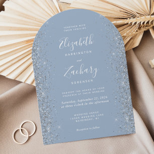 Modern Dusty Blue Silver Glitter Arch Wedding Invitation