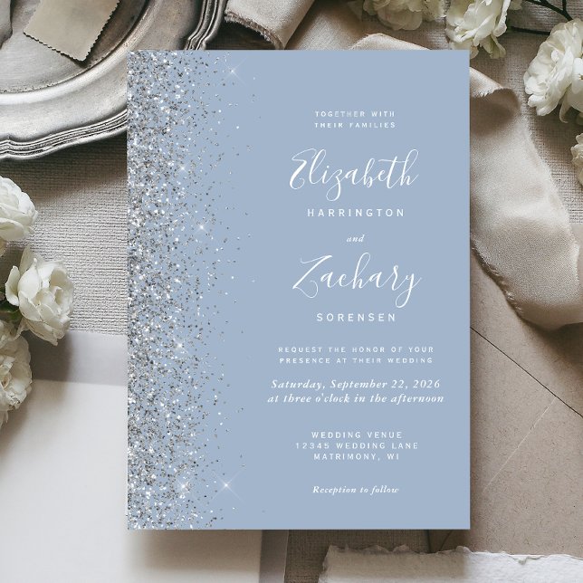 Modern Dusty Blue Silver Glitter Edge Wedding Invitation (Creator Uploaded)