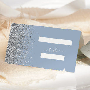 Modern Dusty Blue Silver Glitter Edge Wedding Place Card