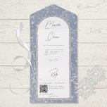 Modern Dusty Blue & Silver Glitter Snow QR Code All In One Invitation<br><div class="desc">ALSO AVAILABLE WITH A QR CODE TO SCAN IN THE RSVP AREA OR WITHOUT DINNER SELECTION OPTIONS. This simple but elegant wedding invitation design features a beautiful dusty blue background with softly falling white snowflakes. The text is displayed on an arched white text area over a faux silver glitter arch...</div>