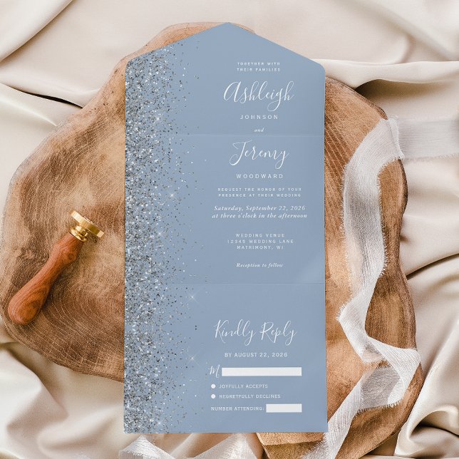 Modern Dusty Blue Silver Glitter Wedding All In One Invitation (Creator Uploaded)