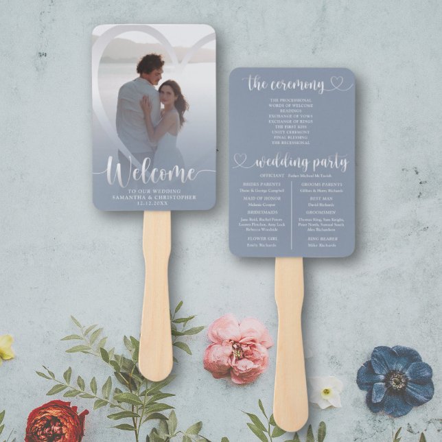 Modern Dusty Blue & Silver Heart Wedding Program Hand Fan (Creator Uploaded)