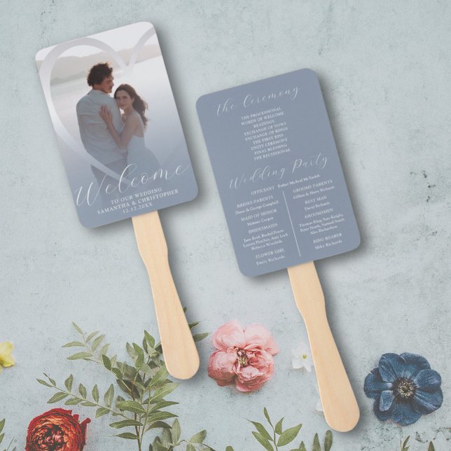 Modern Dusty Blue & Silver White Wedding Program Hand Fan (Creator Uploaded)