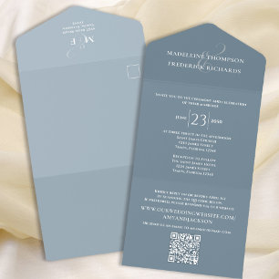 Modern Dusty Blue Simple Minimalist QR Code RSVP All In One Invitation