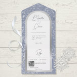 Modern Dusty Blue & Snow Silver Foil QR Code All In One Invitation<br><div class="desc">ALSO AVAILABLE WITH A QR CODE TO SCAN IN THE RSVP AREA OR WITHOUT DINNER SELECTION OPTIONS. This simple but elegant wedding invitation design features a beautiful dusty blue background with softly falling white snowflakes. The text is displayed on an arched white text area over a faux silver foil arch...</div>