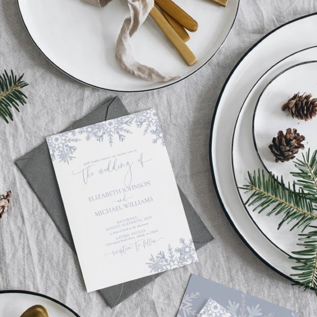Modern Dusty Blue Snowflake Winter Wedding Invitation (Embrace the magic: Join us for a winter wonderland wedding)