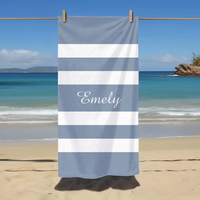 Modern Dusty Blue Striped Beach Towel (Custom Name Modern Dusty Blue Striped Beach Towel)