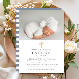Modern Dusty Blue Stripes Cross Photo Boy Baptism Invitation