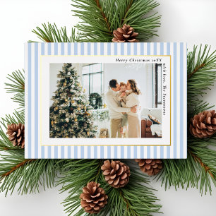 Modern Dusty Blue Stripes Photo Christmas Gold