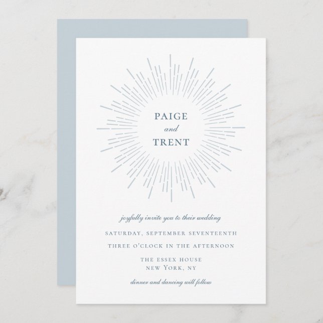 Modern Dusty Blue Sunburst Frame Wedding Invitation (Front/Back)