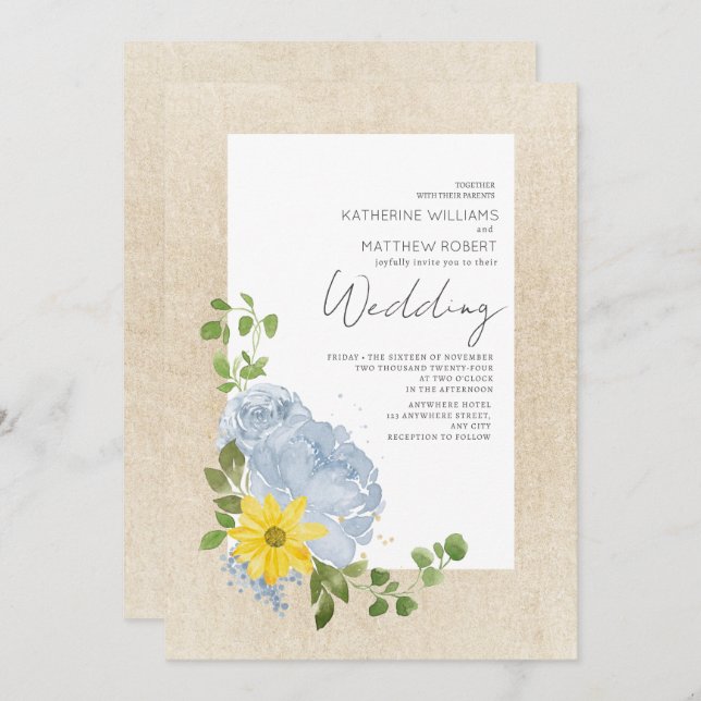 Modern Dusty Blue Sunflower Floral Boho Wedding  Invitation (Front/Back)