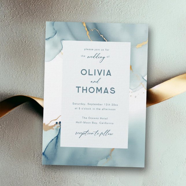 Modern Dusty Blue Teal Elegant Frame Beach Wedding Invitation (dusty blue teal beach wedding invitation modern simple frame elegant bohemian boho chic romantic)