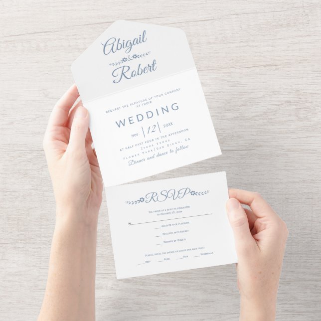 Modern dusty blue typography on white wedding all in one invitation (Tearaway)