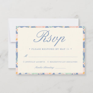 Modern Dusty Blue Vintage Ivory Floral Wedding RSVP Card