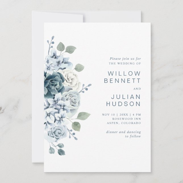 Modern Dusty Blue Watercolor Floral Wedding Invitation (Front)