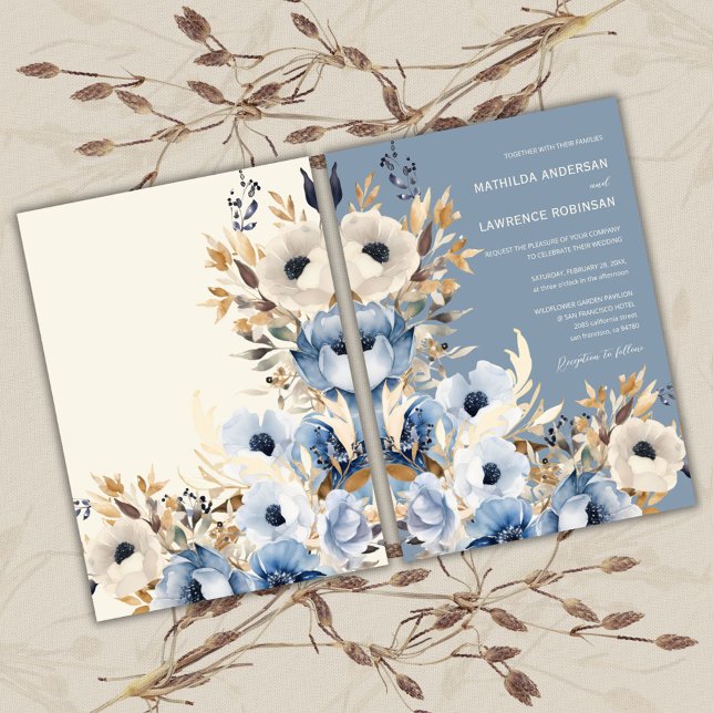 Modern Dusty Blue Watercolor Floral Winter Wedding Invitation (Elegant Dusty Blue Gold Floral Winter Wedding Invitation)