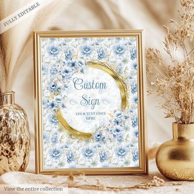 Modern dusty blue watercolor flowers gold custom  poster (Modern dusty blue watercolor flowers gold custom Poster)