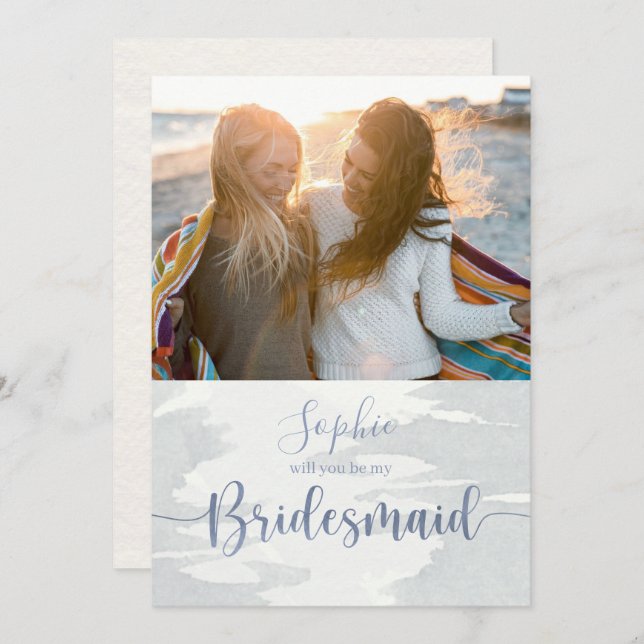 Modern Dusty Blue  Watercolor Script Photo Card (Front/Back)
