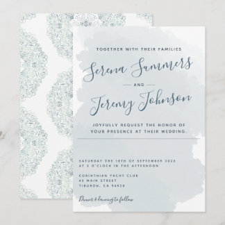 Modern Dusty Blue Watercolor Wash Beach Wedding Invitation
